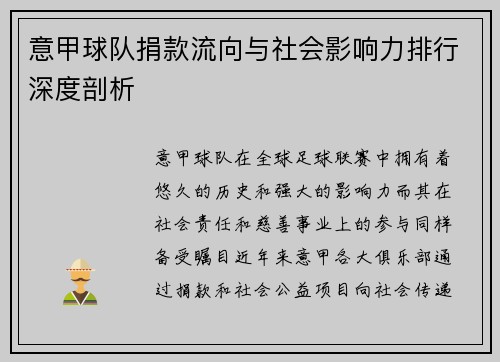 意甲球队捐款流向与社会影响力排行深度剖析